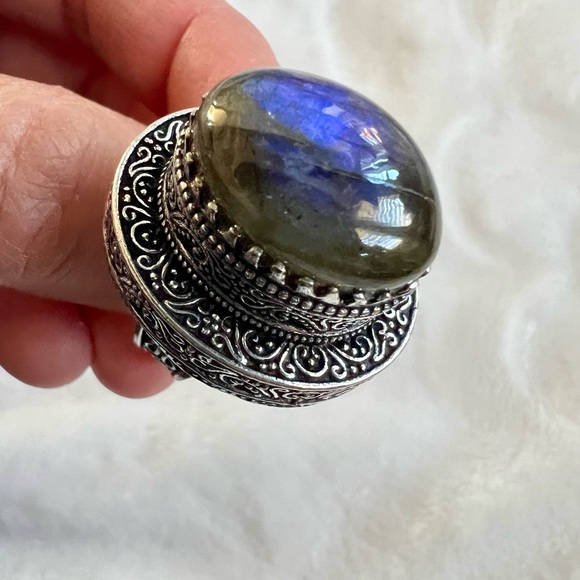 925 OMG INSANE! Blue Flash Labradorite Ornate High Profile Ring 7 - Picture 11 of 12